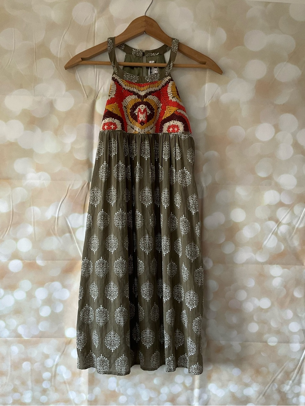 THML Sleeveless Olive Halter Dress with Embroidered Bodice